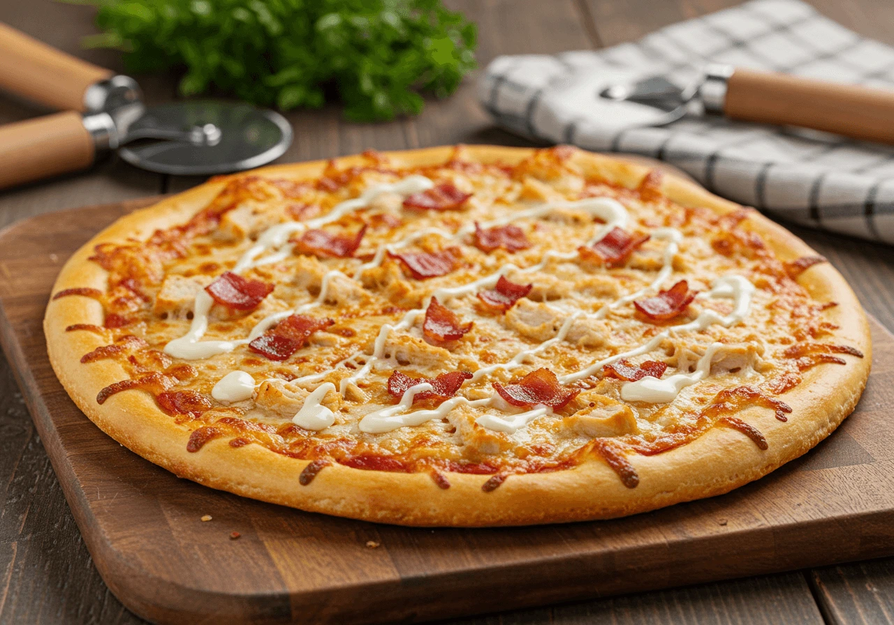 Freshly baked chicken bacon ranch pizza with crispy toppings