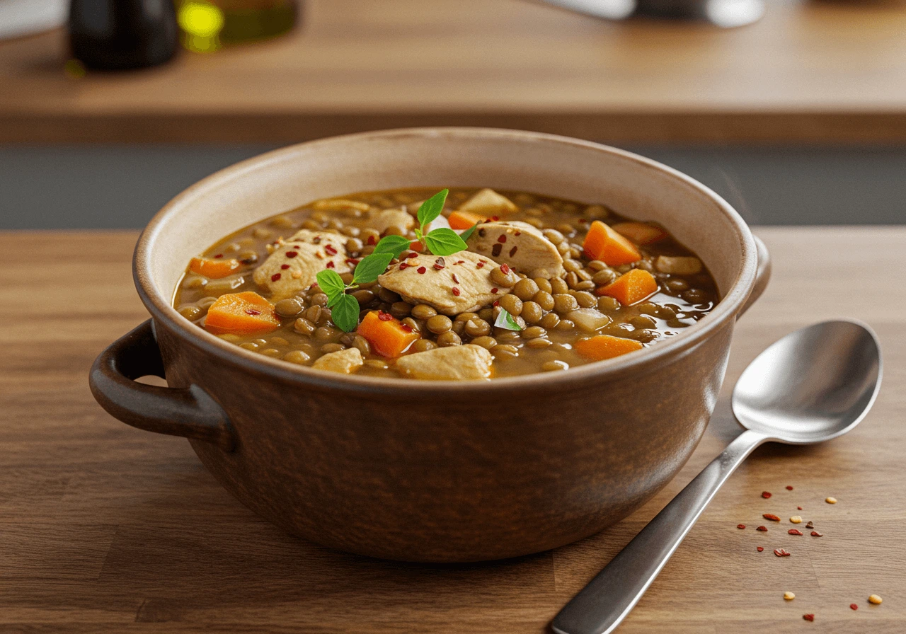 A hearty bowl of high-protein chicken and lentil soup garnished with herbs