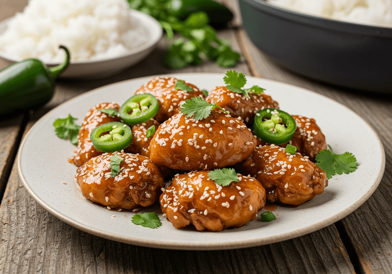 Jalapeno chicken plated with rice, sesame seeds, and cilantro