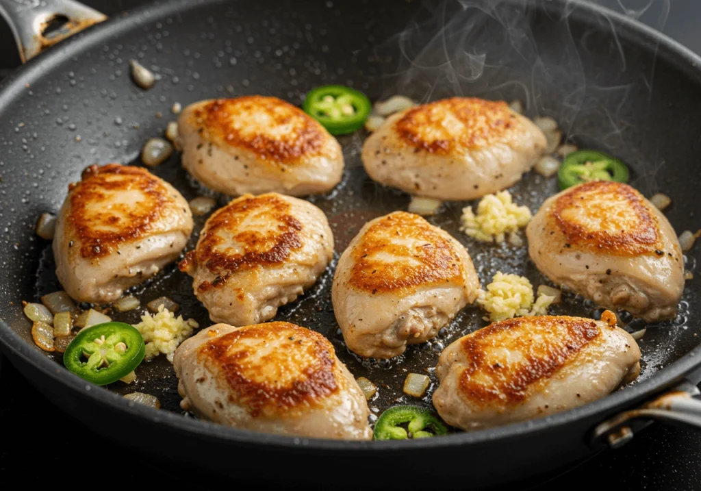 Chicken frying with jalapeno slices, onions, and garlic in a skillet