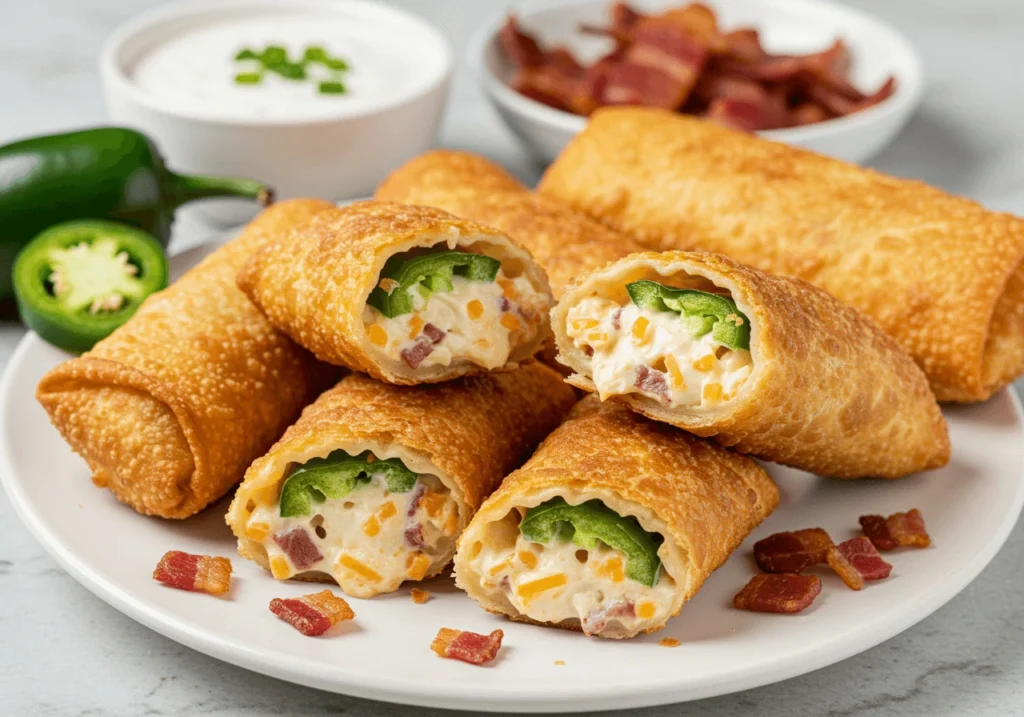 Crispy jalapeno popper egg rolls with ranch dressing and jalapeno garnish