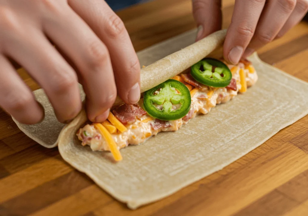 Step-by-step rolling of jalapeno popper egg rolls on a cutting board