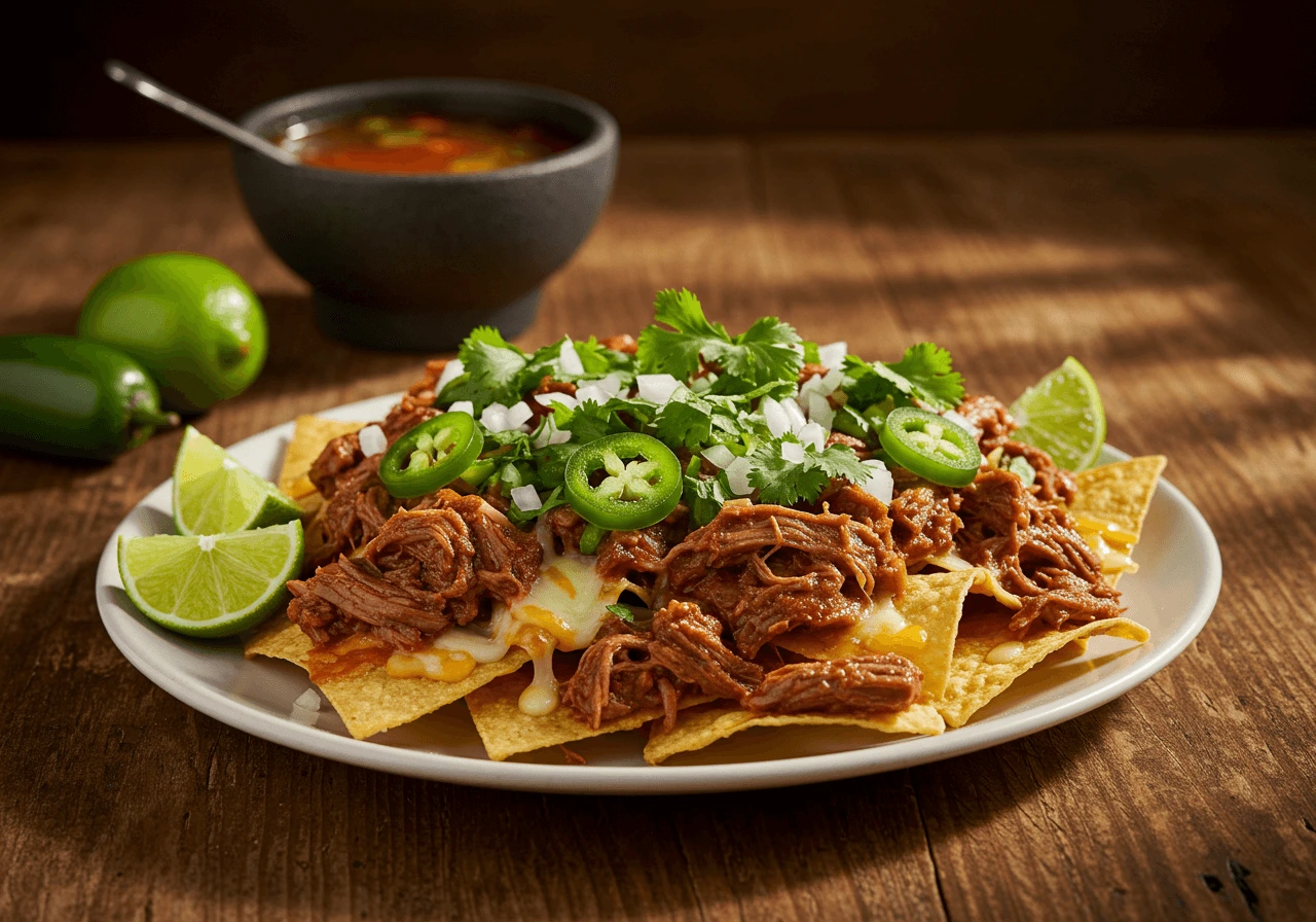 A plate of birria nachos topped with birria meat, cheese, and cilantro