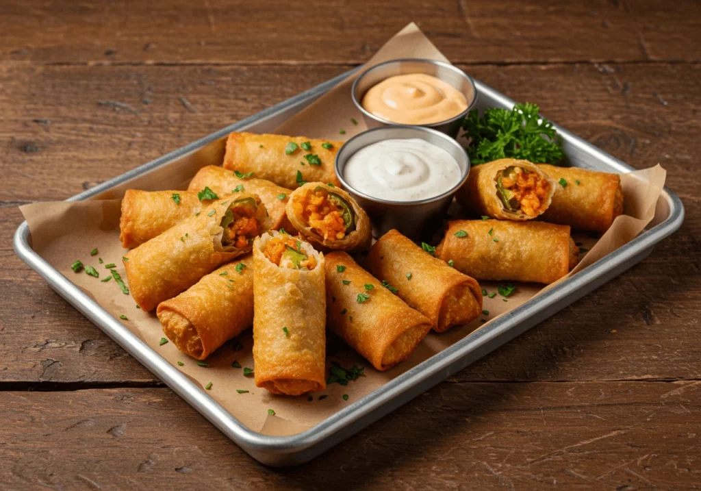 Plated jalapeno popper egg rolls with sriracha mayo and ranch dipping sauce