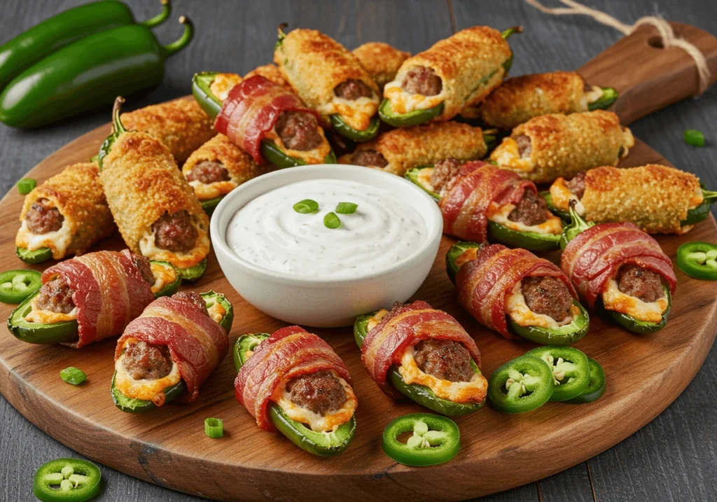 Jalapeno poppers stuffed with sausage and cream cheese, served with ranch dip