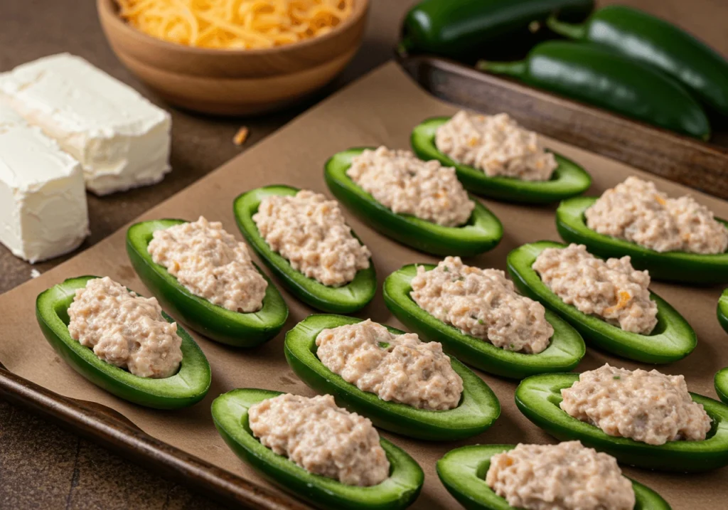 Raw jalapenos being stuffed with sausage and cheese mixture