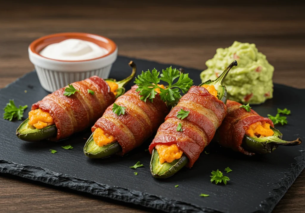 Bacon-wrapped jalapeno poppers served with sour cream and guacamole