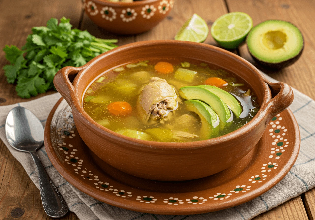 Authentic Mexican chicken soup in a rustic clay bowl with avocado and lime