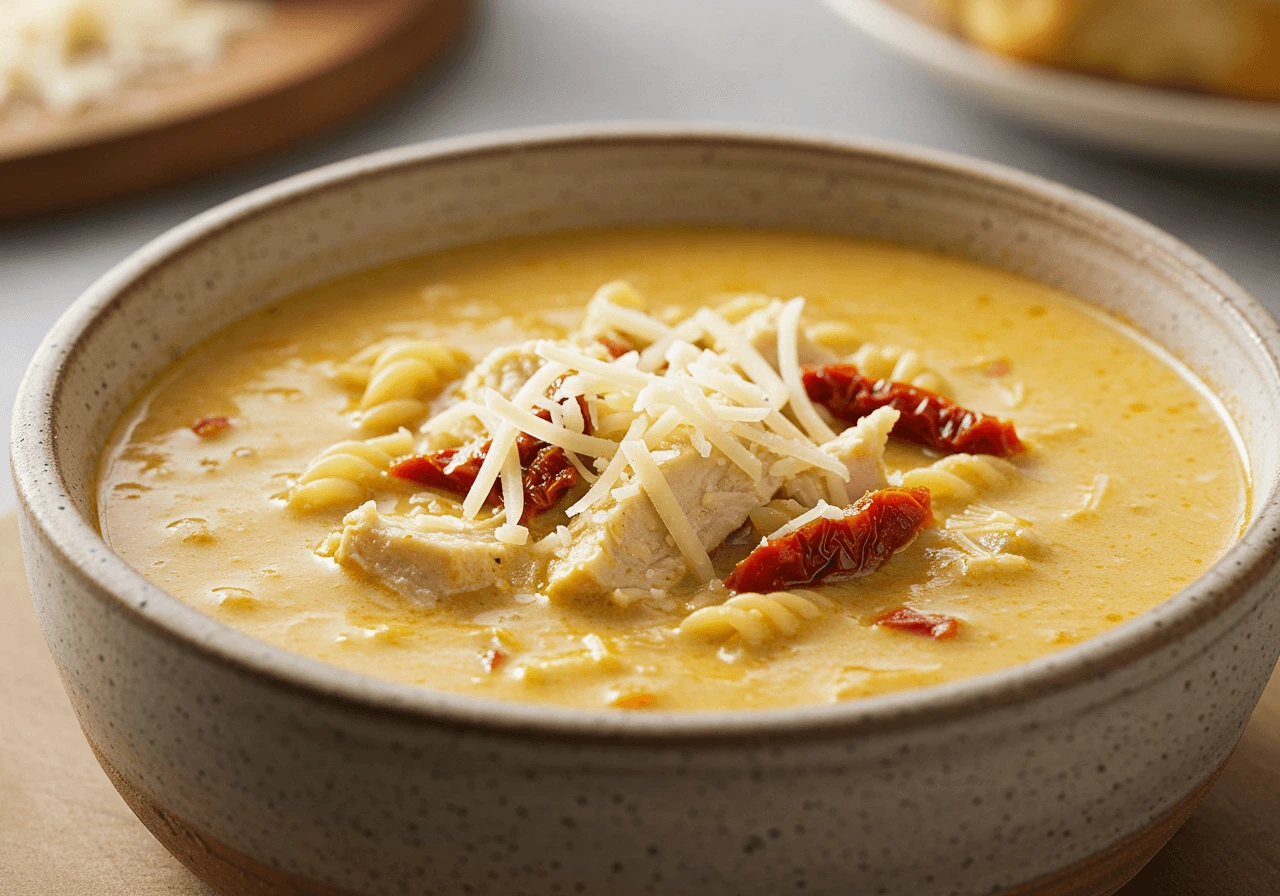 A steaming bowl of creamy Marry Me Chicken Soup with basil and Parmesan