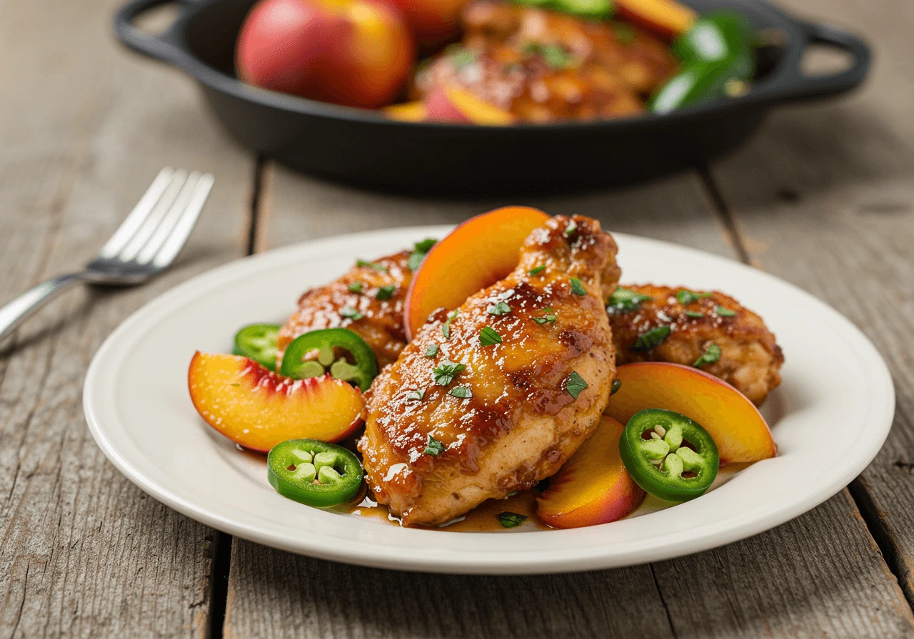 Plated jalapeno peach chicken with peaches and jalapenos