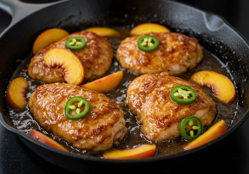 Jalapeno peach chicken cooking in a skillet with bubbling glaze