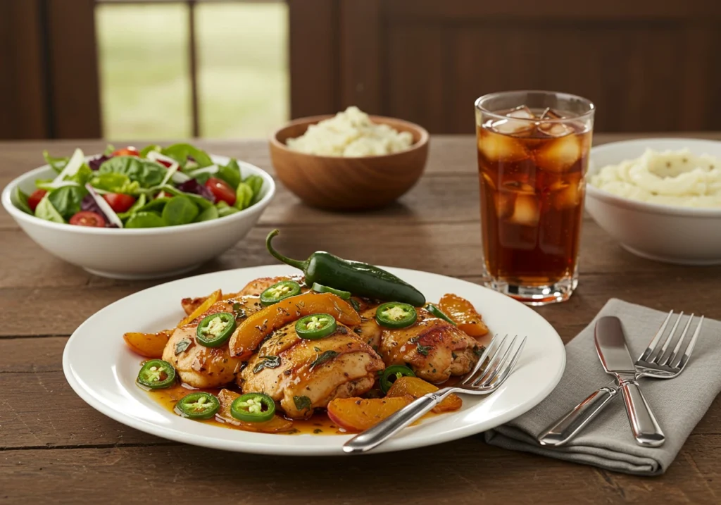 Jalapeno peach chicken served with mashed potatoes and a green salad