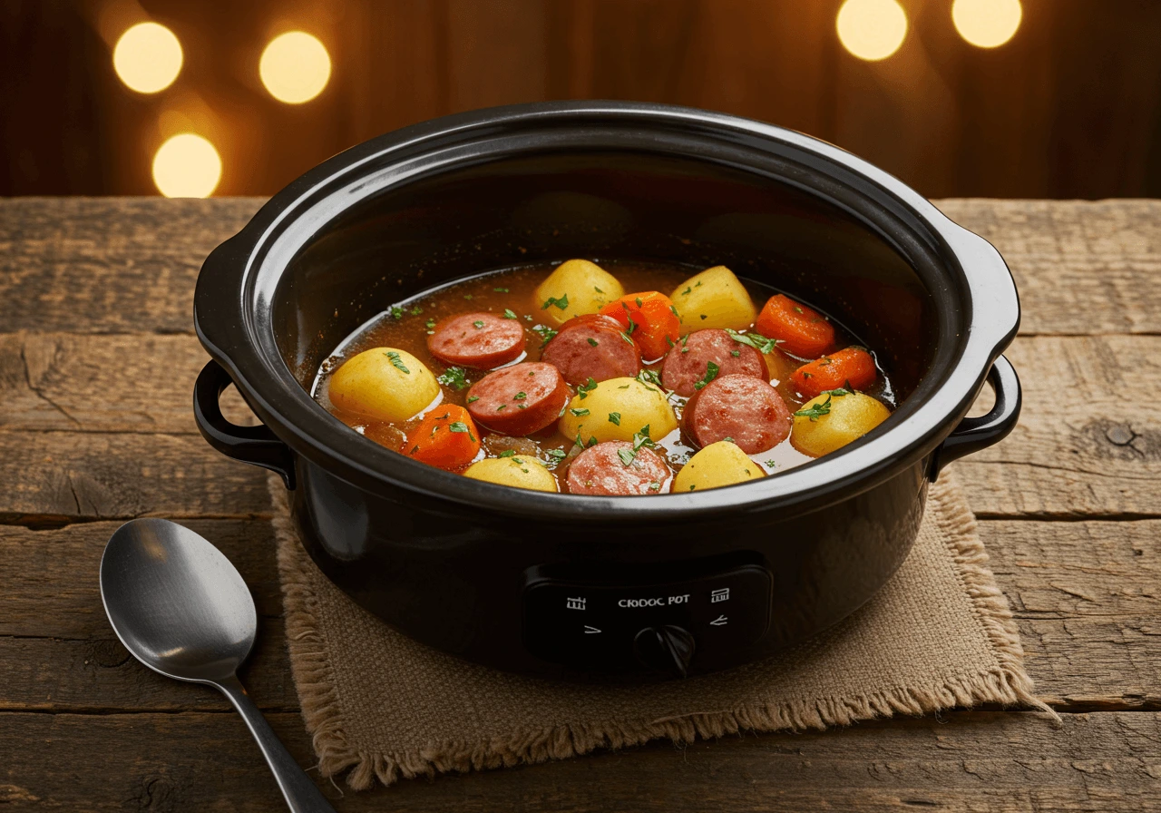 Crockpot with kielbasa, potatoes, and carrots