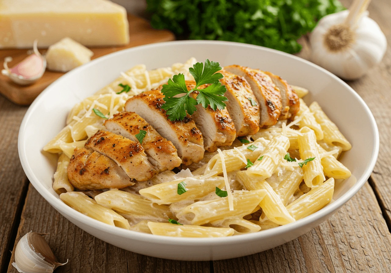 A bowl of creamy garlic parmesan chicken pasta with fresh parsley