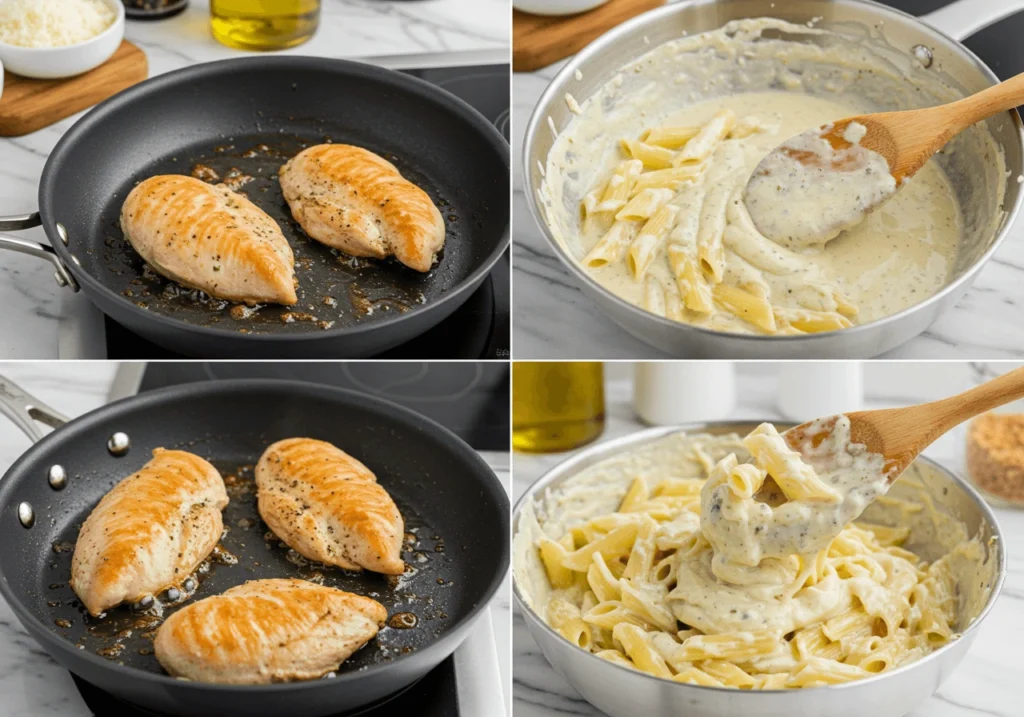 Cooking garlic parmesan chicken pasta with creamy sauce