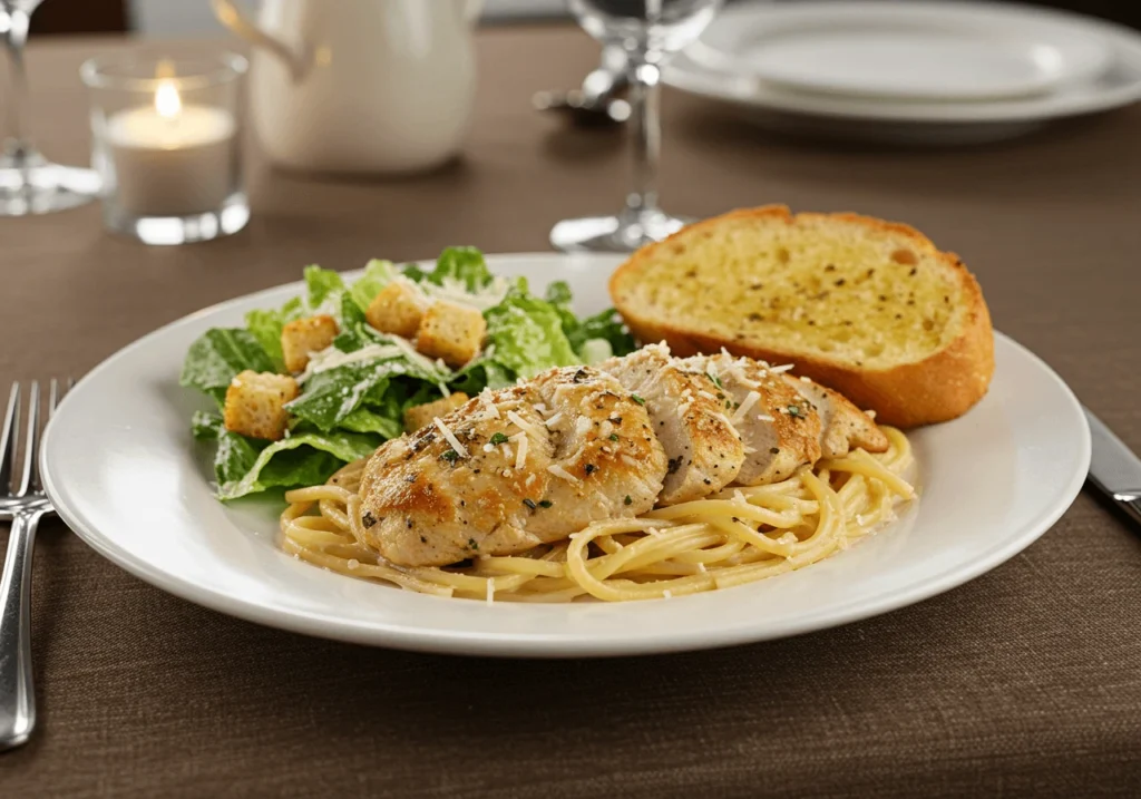 Garlic parmesan chicken pasta served with salad and bread