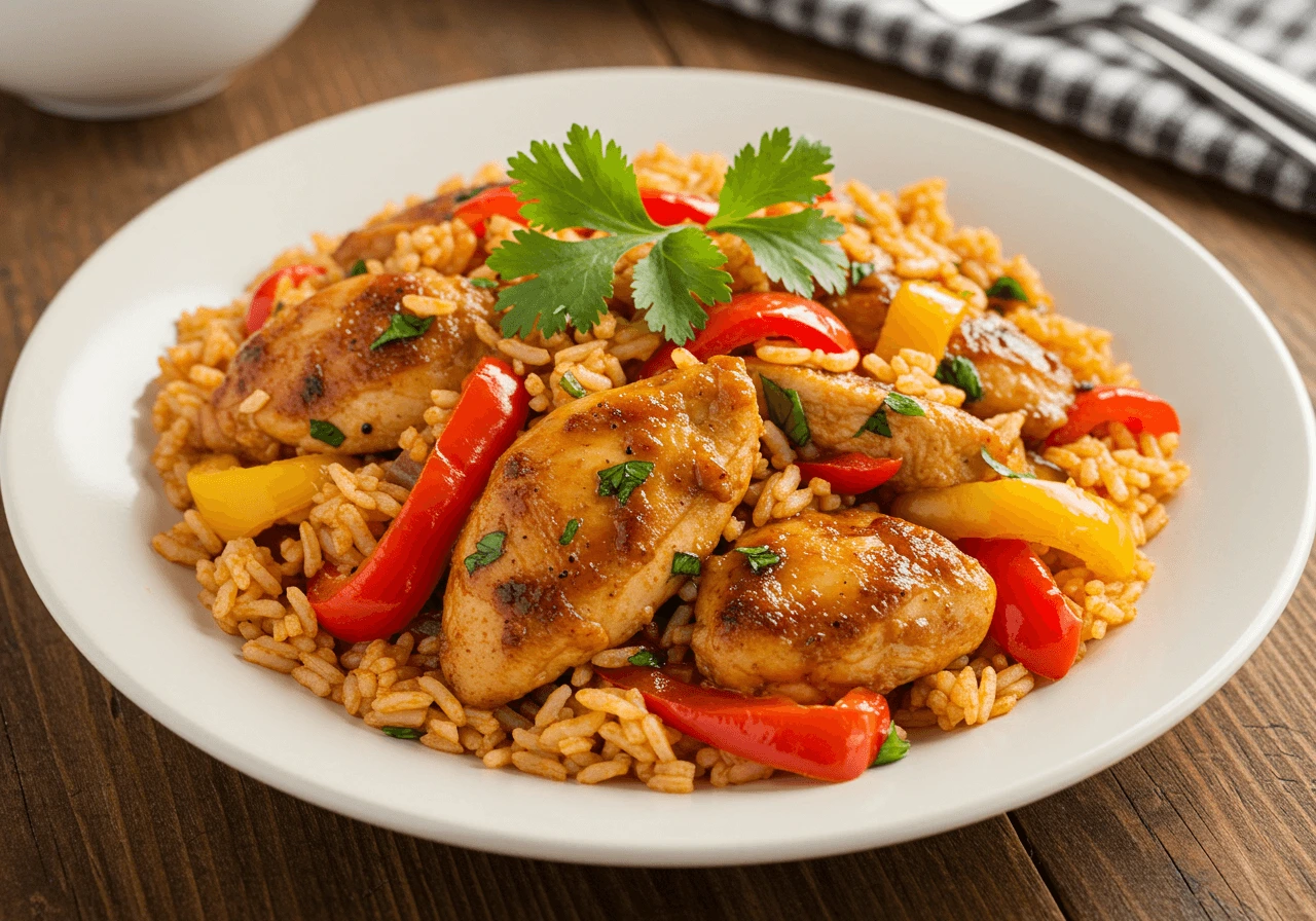 A plate of Cajun chicken and rice with fresh cilantro garnish