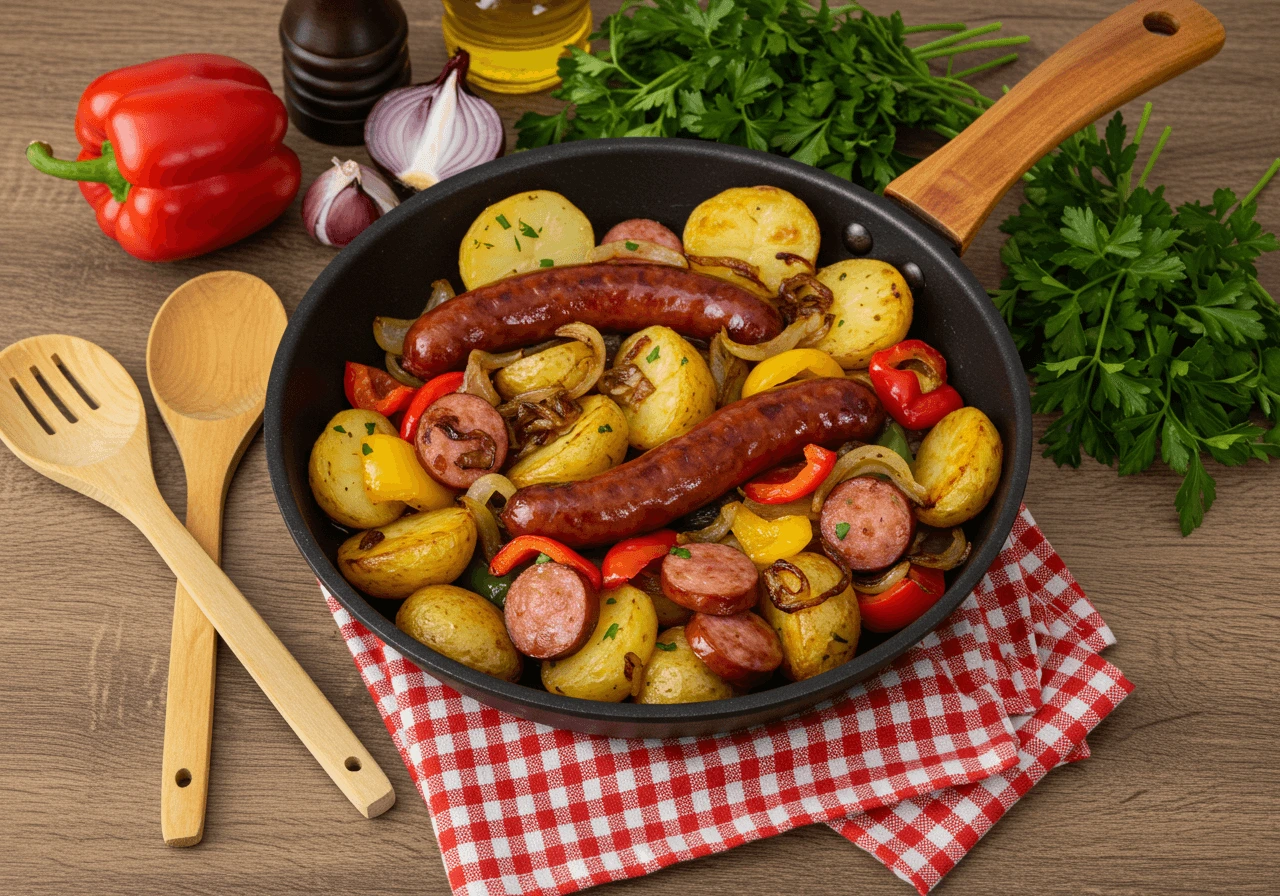 Skillet of Kielbasa and Potatoes Recipe with Fresh Parsley