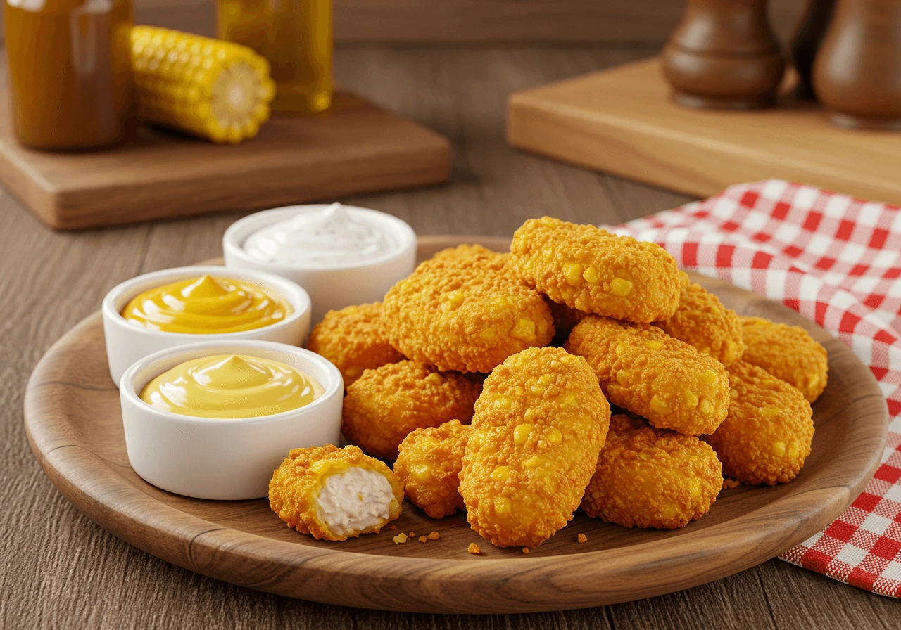 Golden-brown corn nuggets with dipping sauces