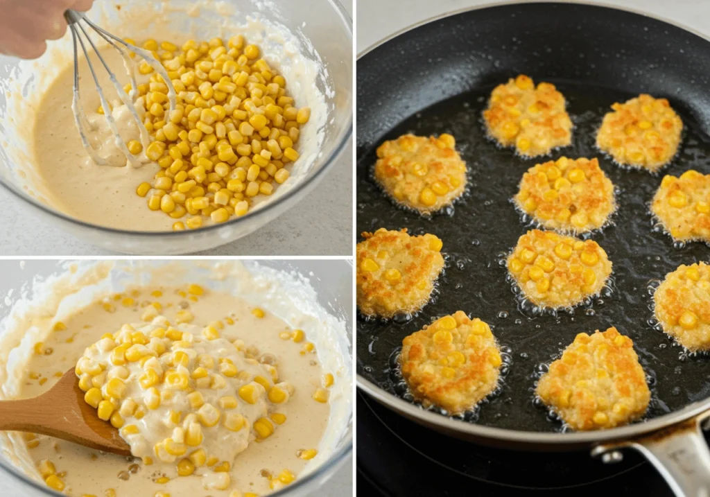 Corn nuggets being made: batter, corn, and frying process