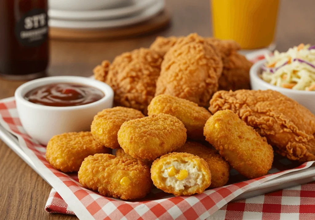 Corn nuggets served with fried chicken and coleslaw