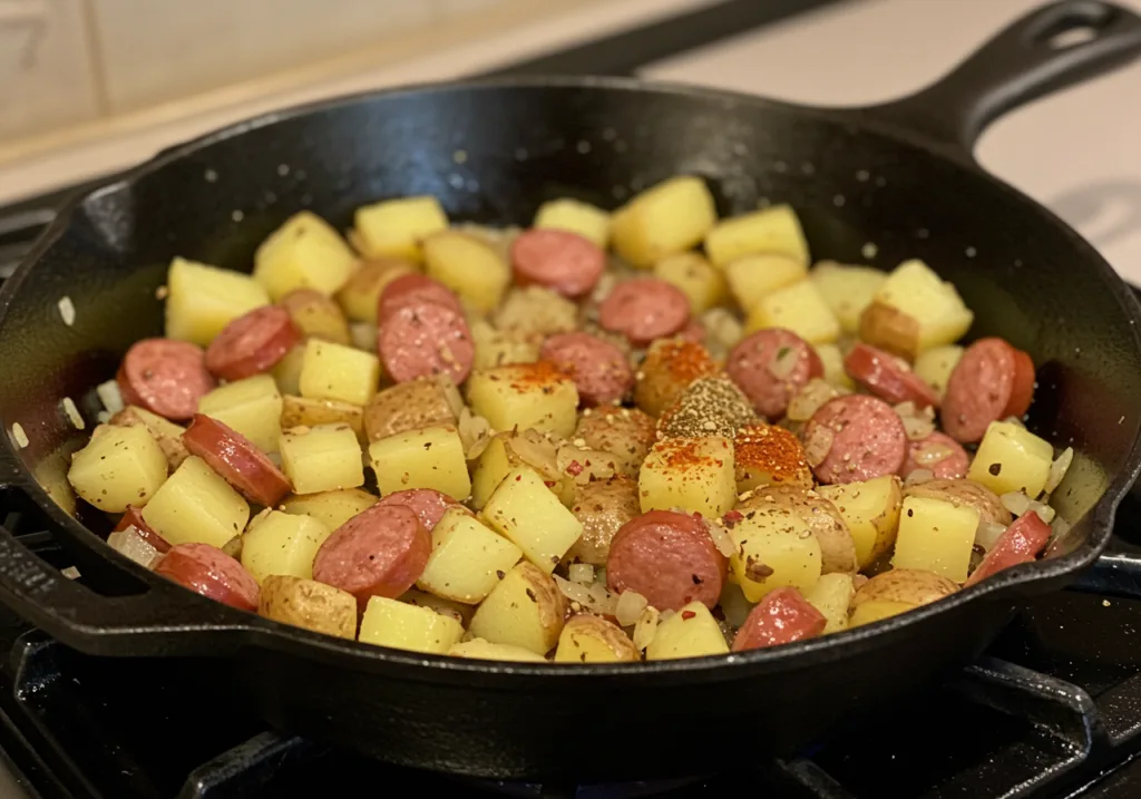 Ingredients for Cajun potato soup being sautéed in a skillet