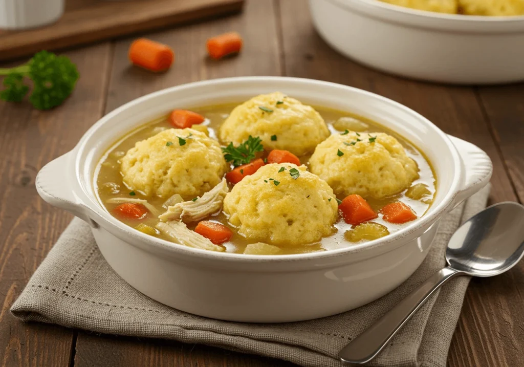 Bowl of steaming Bisquick chicken and dumplings on a rustic table