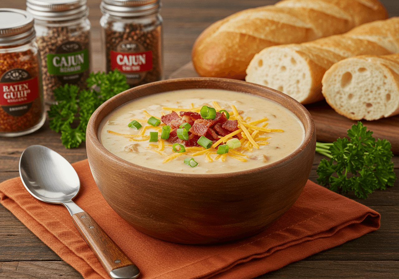 Steaming bowl of Cajun potato soup garnished with bacon and green onions