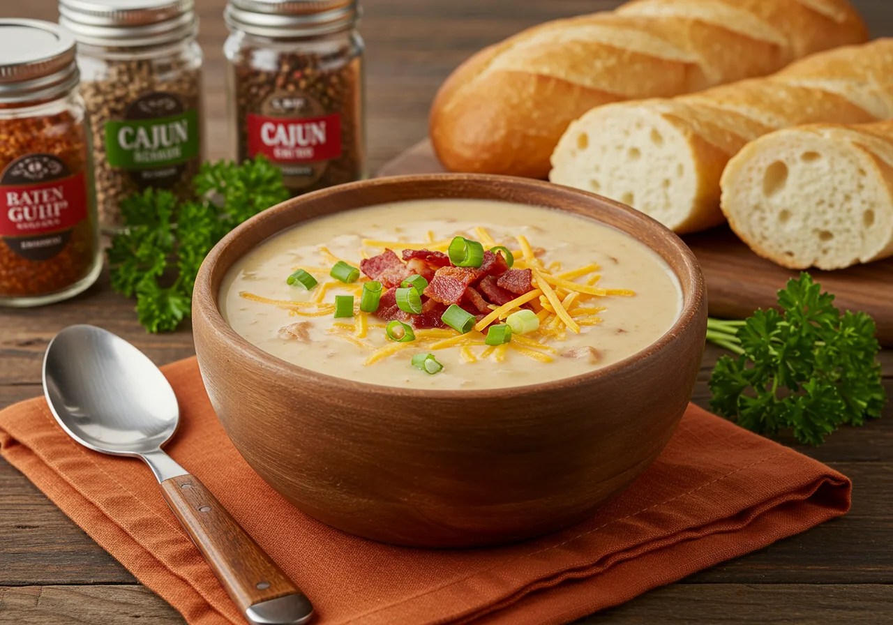 Steaming bowl of Cajun potato soup garnished with bacon and green onions