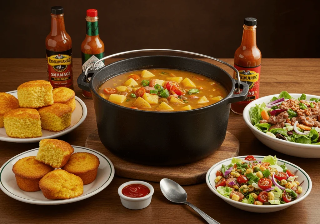 Cajun potato soup served in a cast-iron pot with cornbread and salad
