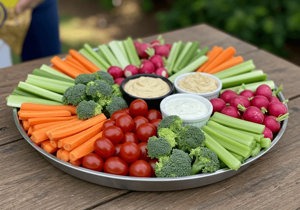 Colorful vegetable tray with fresh veggies and dips on a rustic table