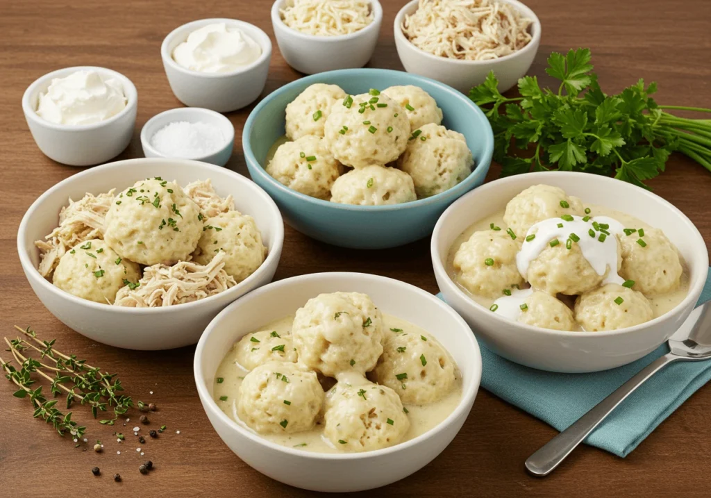 Three bowls showing variations of Bisquick chicken and dumplings