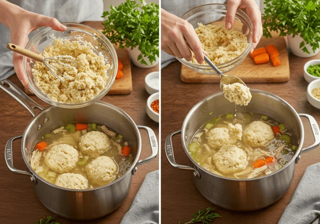 Hands preparing Bisquick dumplings for chicken and dumplings recipe