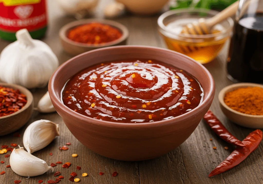 Firecracker sauce in a bowl with fresh ingredients