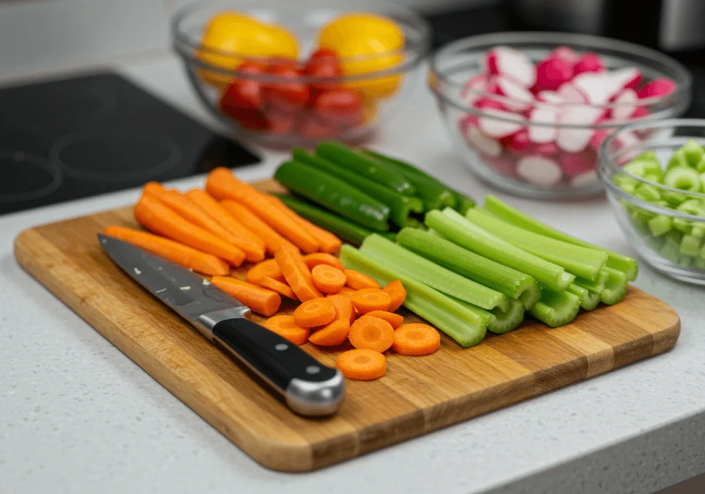 Close-up of fresh vegetables being prepared for a vegetable tray