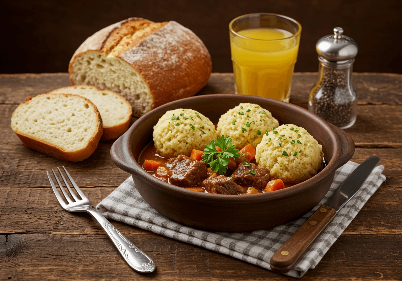 Steaming beef stew and dumplings in a rustic bowl