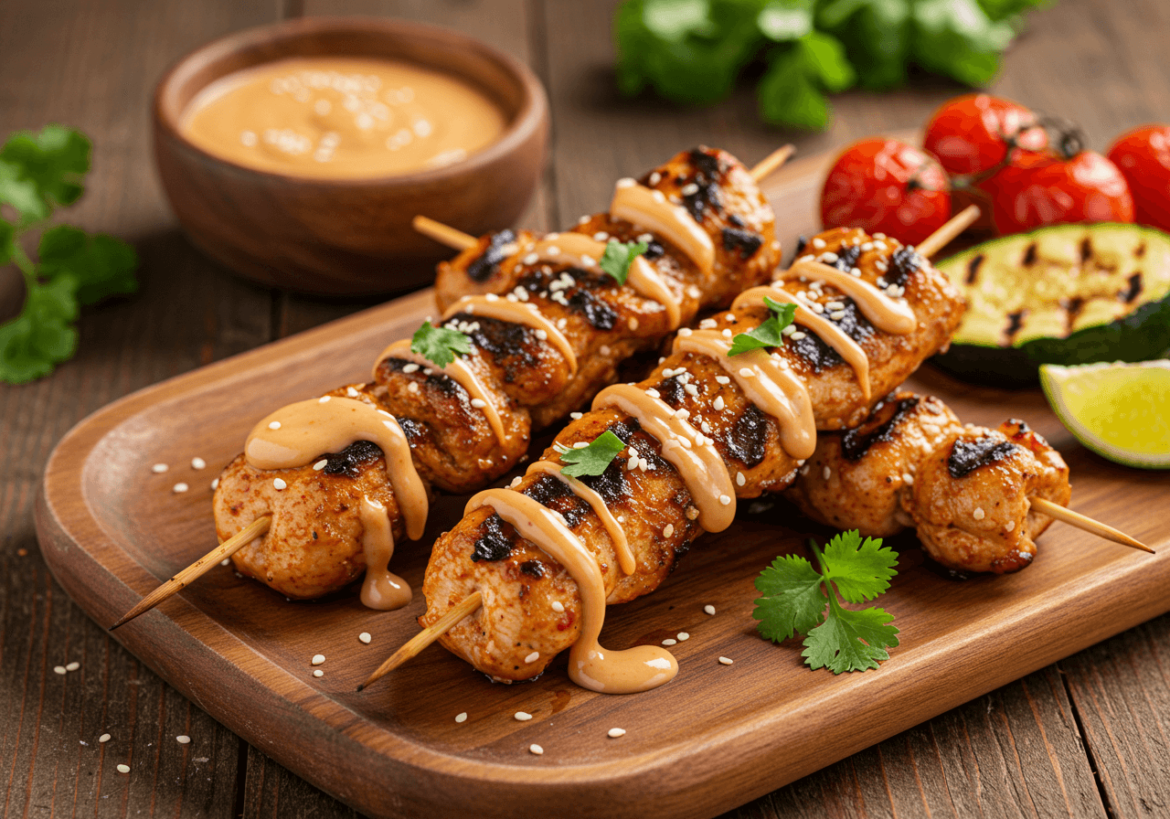 Freshly grilled Bang Bang Chicken Skewers with creamy spicy sauce