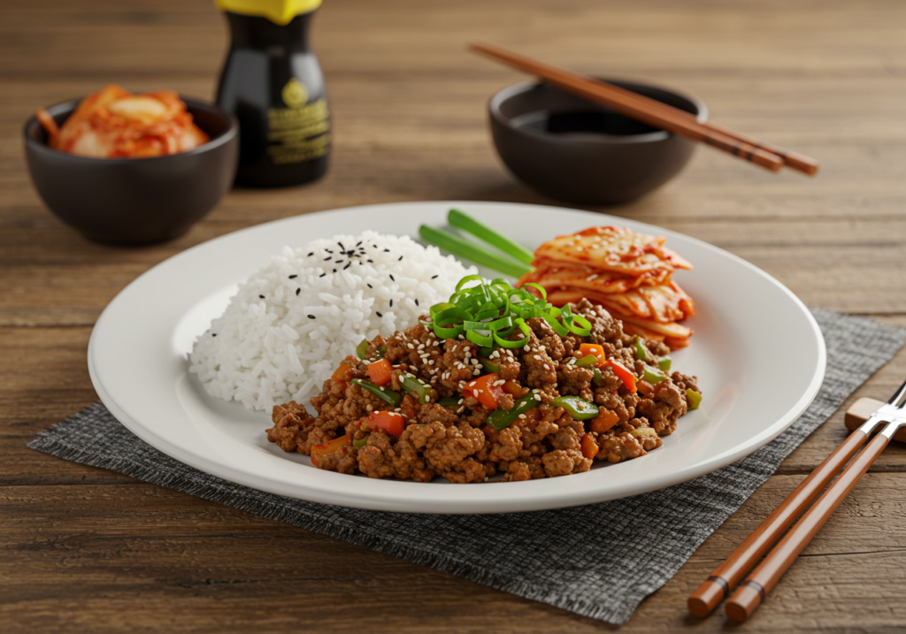 Korean Ground Beef Bulgogi with Rice and Kimchi