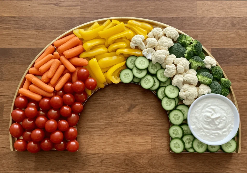 Rainbow-themed vegetable tray with colorful veggies and dip