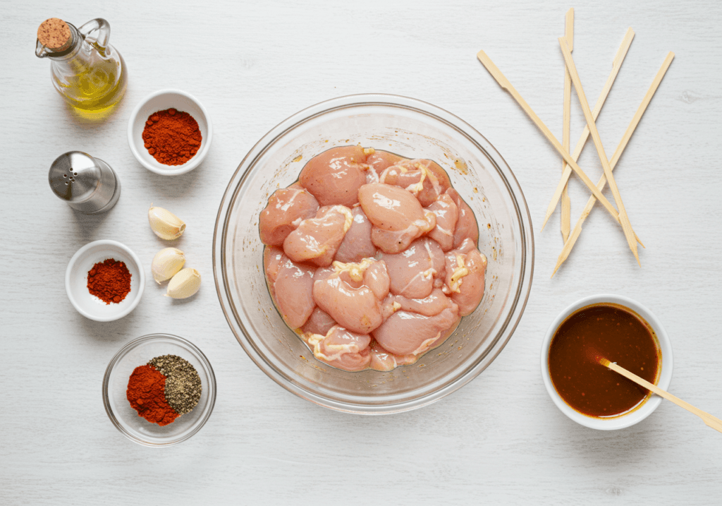 Preparing Bang Bang Chicken Skewers with marinated chicken and seasoning