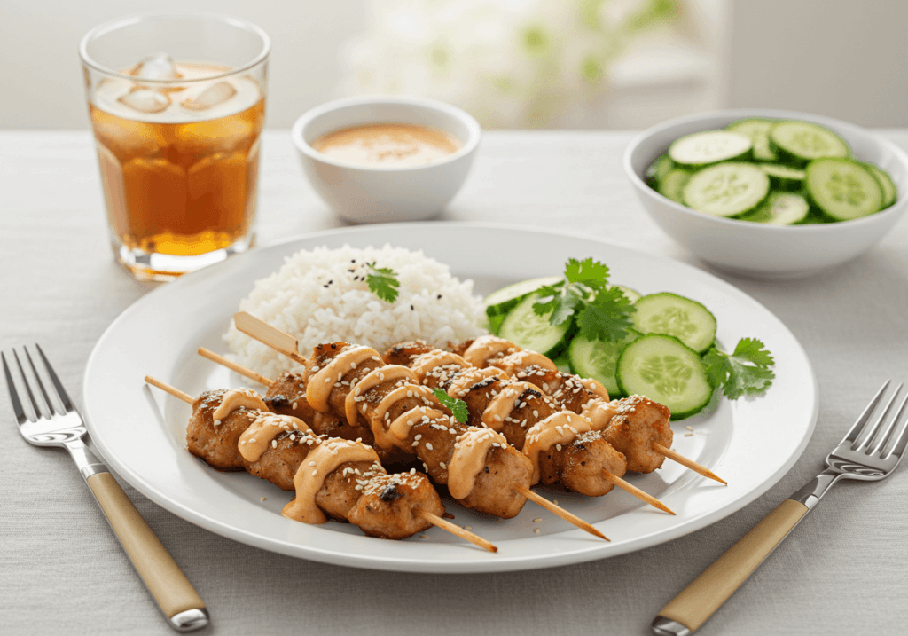 Bang Bang Chicken Skewers served with rice and cucumber salad