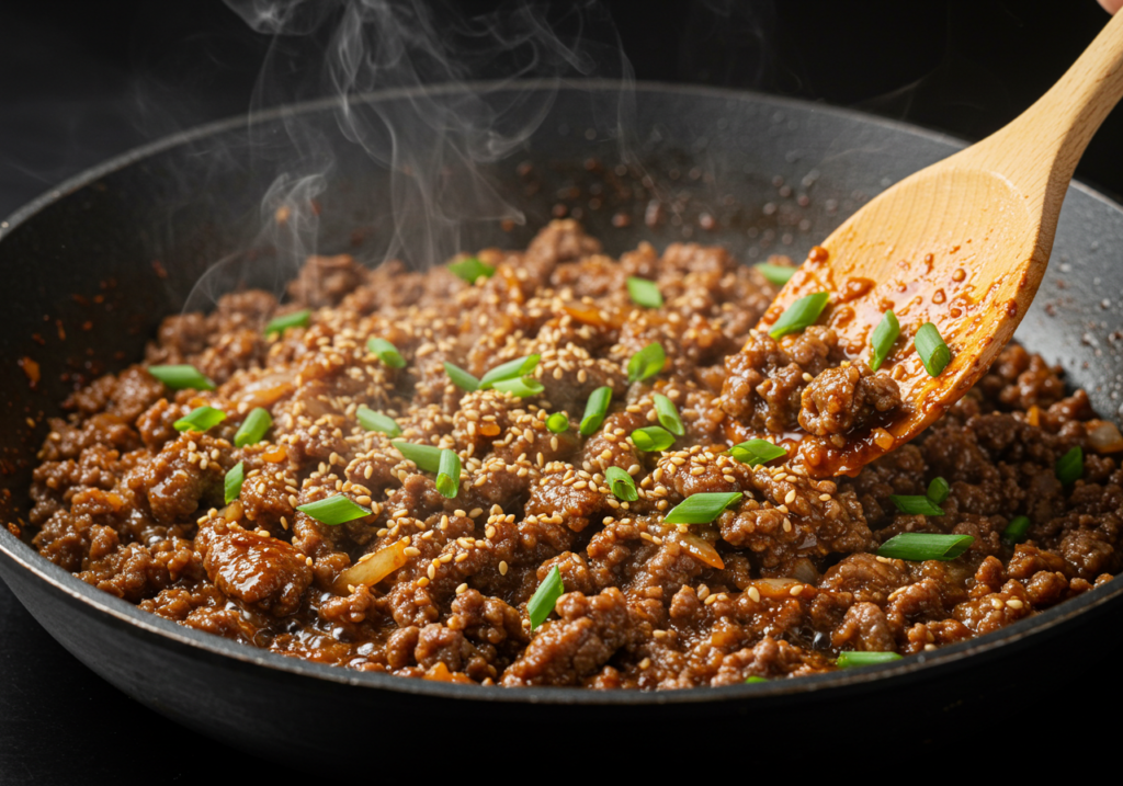 Cooking Korean Ground Beef Bulgogi in a Skillet