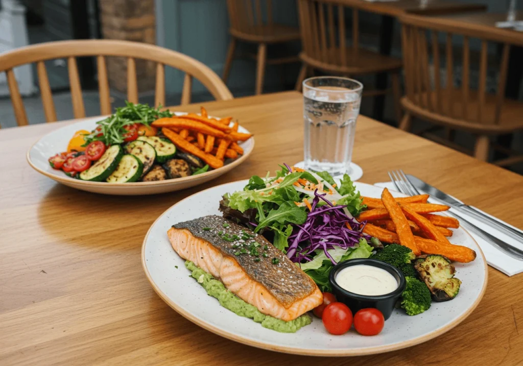 Bang Bang Salmon with salad, roasted vegetables, and sweet potato fries