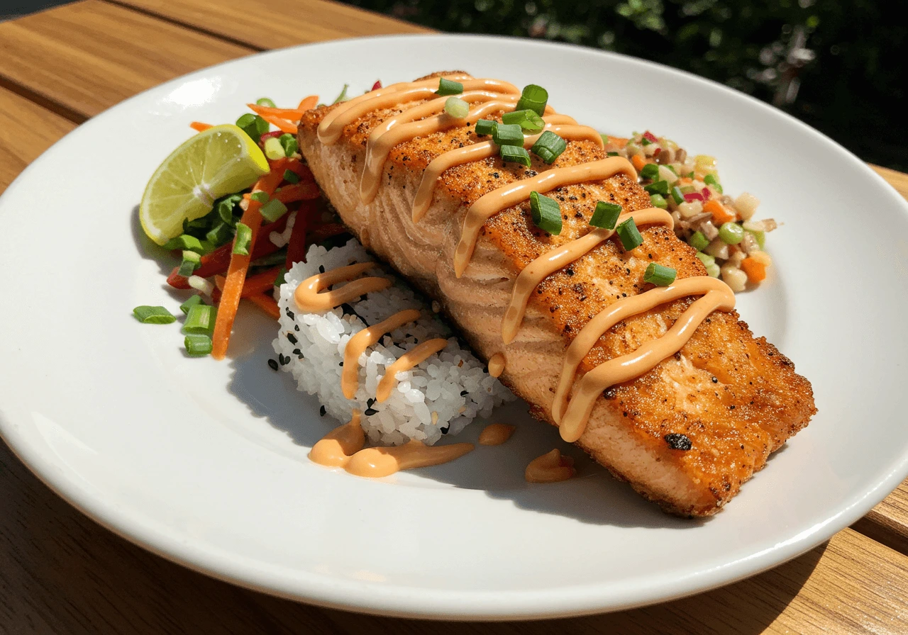 Bang Bang Salmon dish garnished with cilantro and sesame seeds