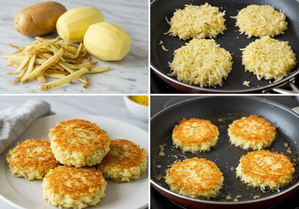 Step-by-step process of making hashbrown patties with grated potatoes and frying