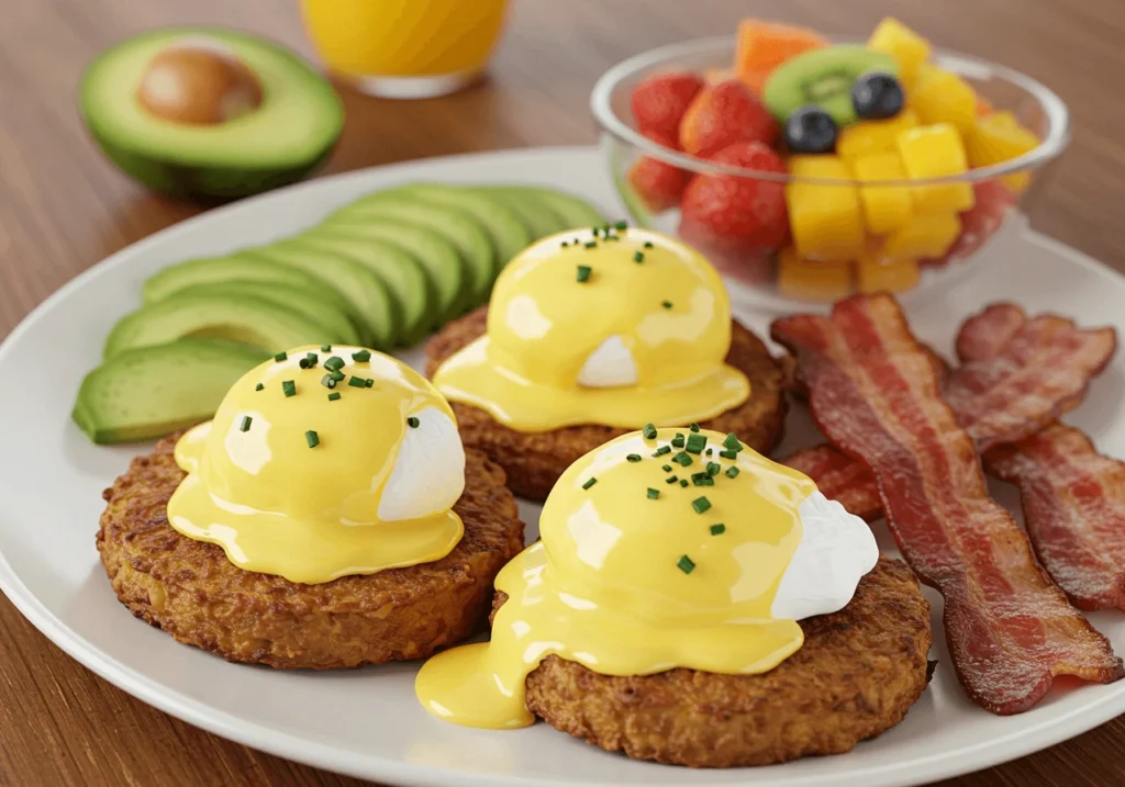 Hashbrown patties topped with poached eggs and served with avocado slices