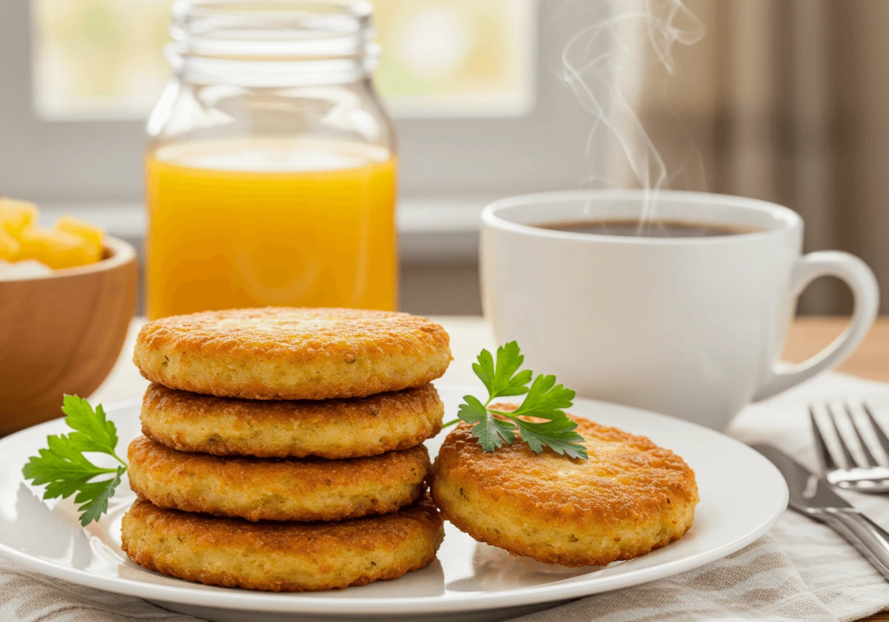 Golden crispy hashbrown patties stacked on a white plate with parsley