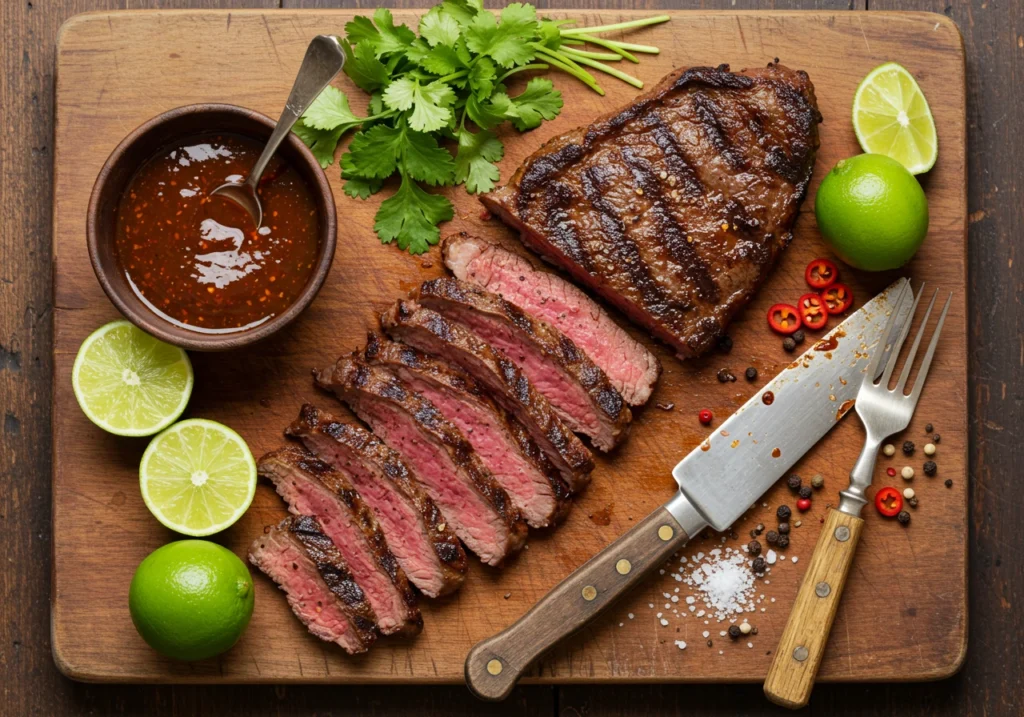 Grilled Chipotle steak sliced on a wooden board with lime and cilantro