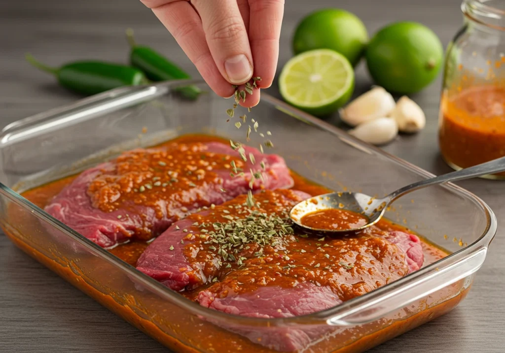 Raw steak marinated in chipotle sauce with lime and garlic