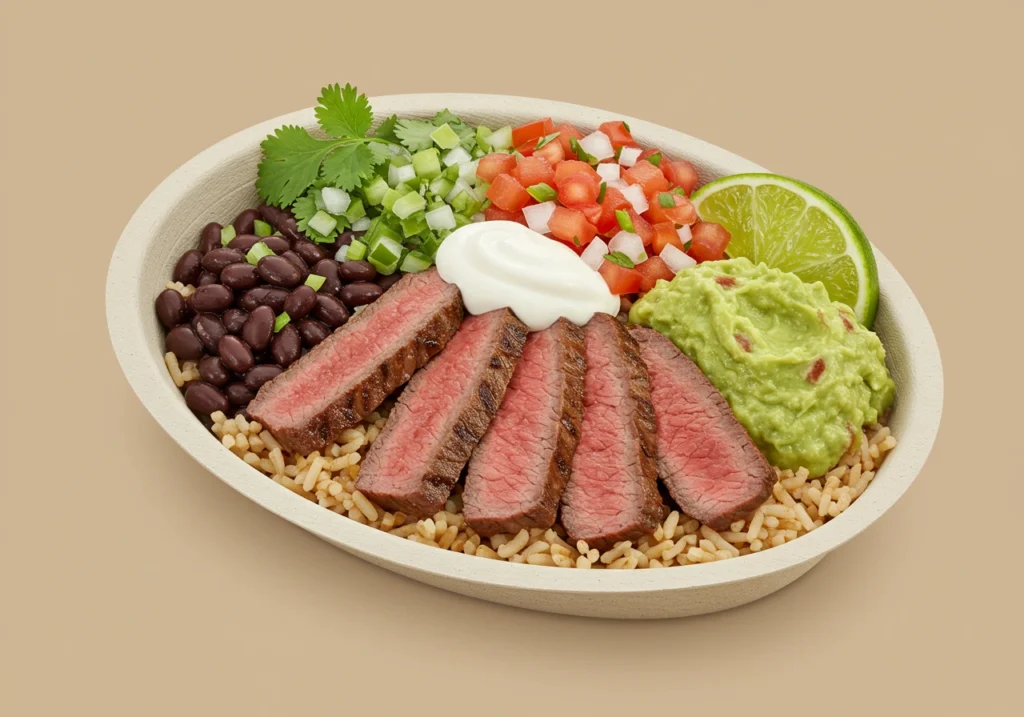 Burrito bowl with Chipotle-style steak, rice, beans, salsa, and guacamole